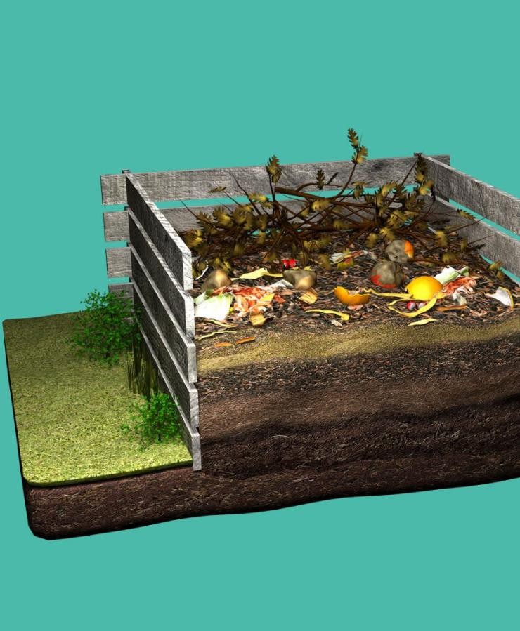 Kompostierung im eigenen Garten Ein viereckiger Komposthaufen eingefasst mit Holzzäunen