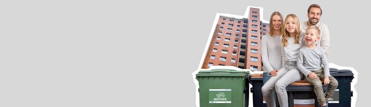 Vermieter und Verwalter Abfalltonnen und eine Familie vor einer Großwohnanlage