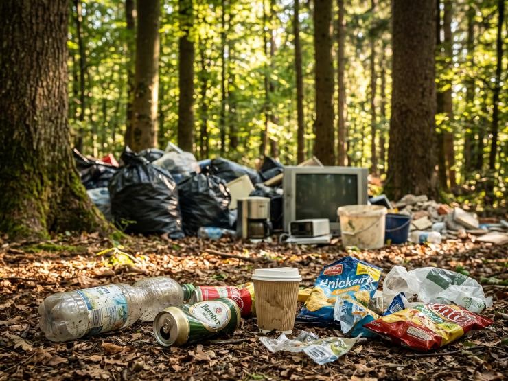 Illegale wilde Müllkippe und Plastikmüll durch Littering im Wald. Eine illegale wilde Müllkippe mitten in einem dichten Wald. Im Hintergrund stapeln sich zahlreiche schwarze Müllsäcke neben alten Elektrogeräten, wie einem Röhrenfernseher und einer Kaffeemaschine, sowie Eimern und Bauschutt. Auf dem von Laub bedeckten Waldboden im Vordergrund liegt achtlos weggeworfener Müll (Littering), darunter eine PET-Plastikflasche, eine Bierdose, eine Getränkedose, ein Coffee-to-go-Becher und leere Chipstüten.