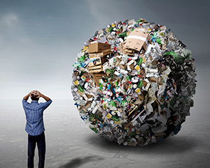 Ein Mann vor einer großen Kugel aus Verpackungen